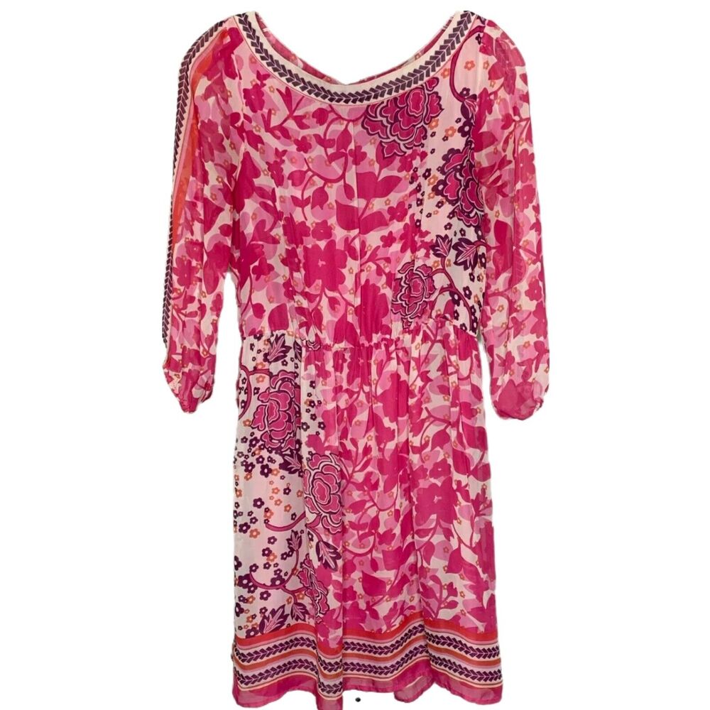 ECI New York Women's Midi Dress Pink Floral Boho‎ Beach Long Sleeve Geometric 8